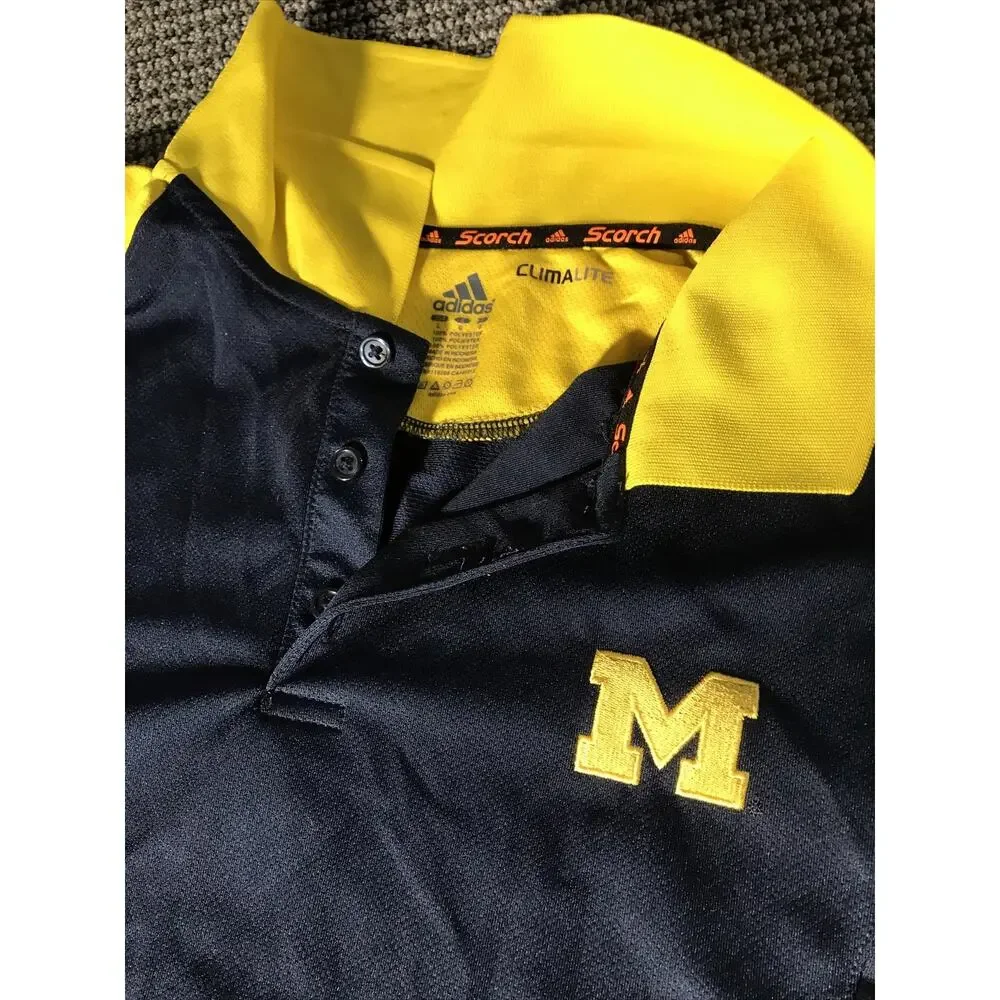 Michigan Wolverines Polo‎ Shirt Mens Large Blue Adidas Climalite Scorch Stretch